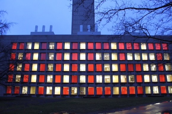 MIT hackers transformed Building 18 into a 105-pixel display on the morning of MIT's debate of fossil-fuel divestment
